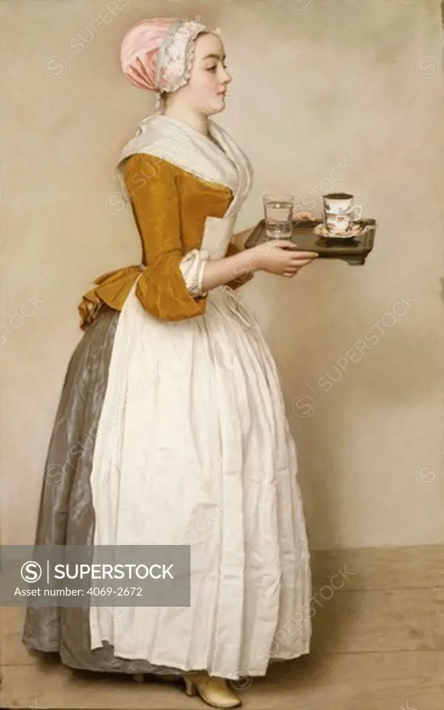 Das Schokoladenmadchen, or Girl With Hot Chocolate, pastel drawing, Venice, c. 1744. Already famous in the 18th century, this drawing was much admired for its scrupulous realism. According to traditional accounts, the servantgirl's name is Baldauf, meaning Prompt