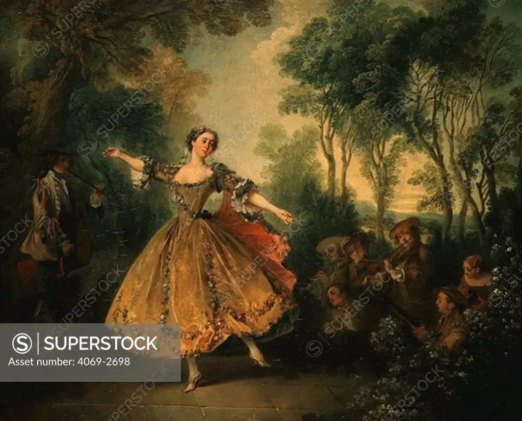 Marie-Anne de Cupis de CAMARGO, 1710-70, ballet star of Paris Opera, c. 1730. Watteau painted several portraits of Camargo, who was a Paris celebrity, influencing fashions and attracting rich aristocratic lovers. Strongly influenced by Watteau, Lancret painted in the new genre of fetes galantes, and also drew from contemporary theatre