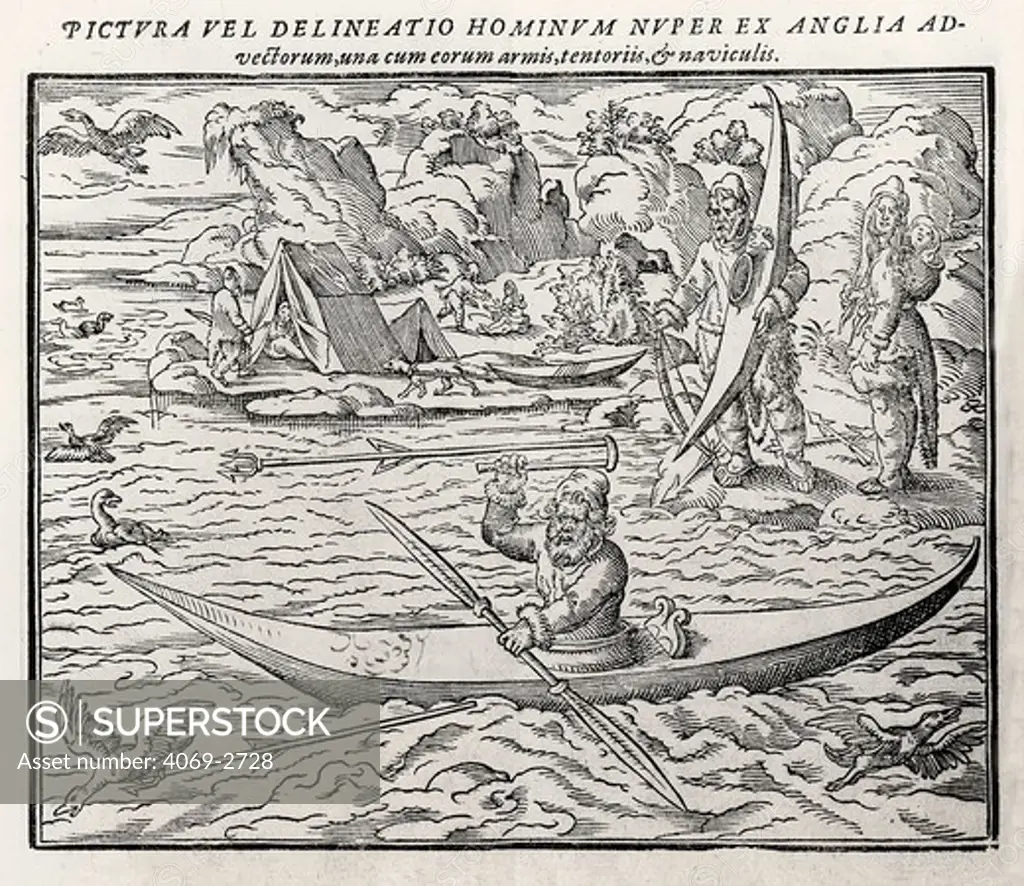 Eskimo hunting sea birds, after John White, from Latin edition of the French translation of A True Report of the Last Voyage into the West and Northwest Regions, description of Frobisher 2nd voyage seeking northwest passage to Asia, 1580, by Dionyse Settle