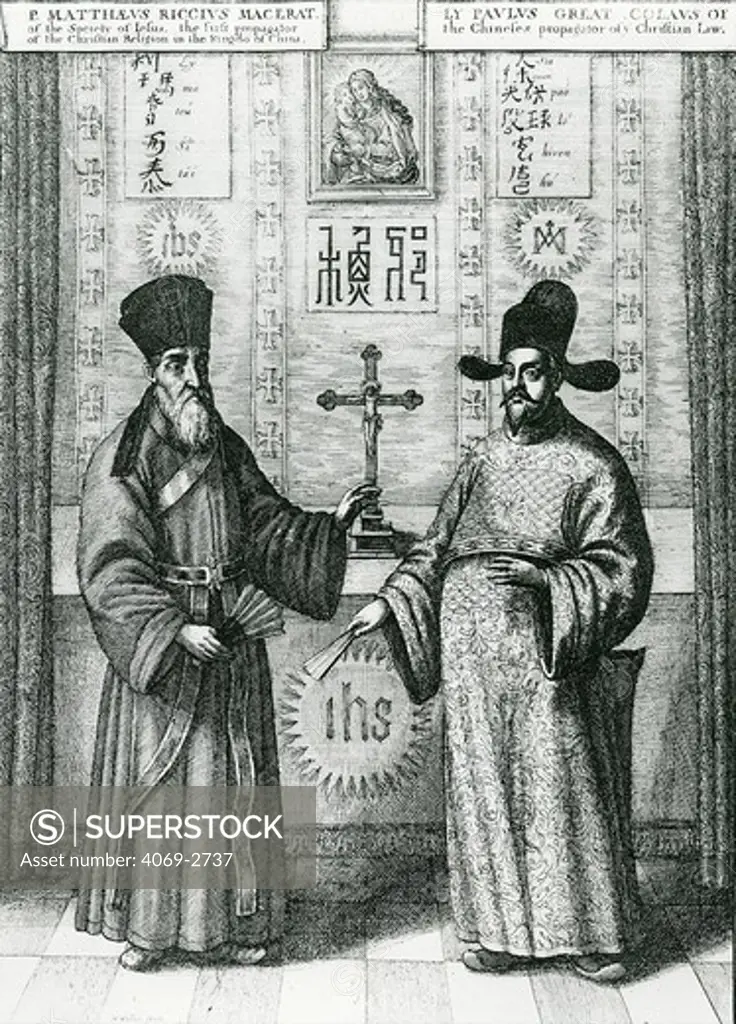Jesuit missionary, Matteo Ricci, 1552-1610, and Chinese Li Paulus Xu Guanqi Ming official from Jan Nieuhof Embassy from Dutch East India Co, 1669