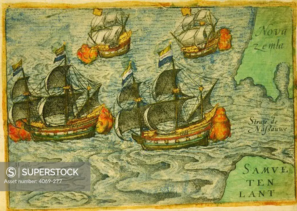 Willem Barents, 1550-97, Dutch navigator, narrative of last voyage, by Gerrit de Veer, 1598. Shows Barents' fleet arriving at Nova Zembla in 1594