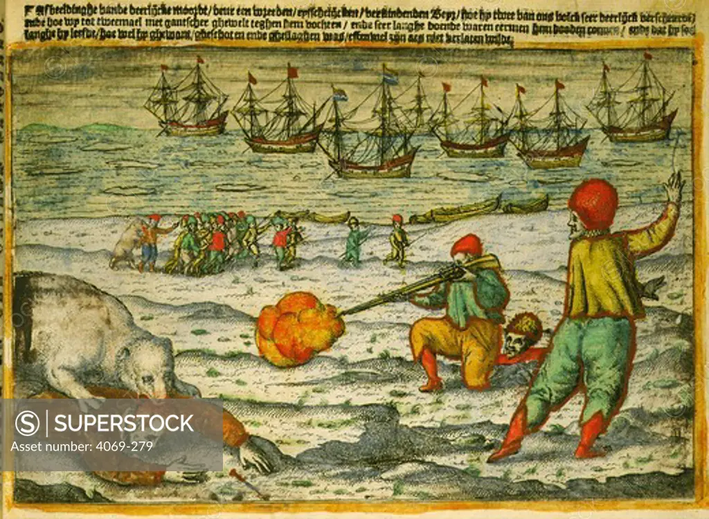 Willem Barents, 1550-97, Dutch navigator, narrative of last voyage, by Gerrit de Veer, 1598. Shows Barents' fleet at anchor while men defend themselves with guns against polar bears