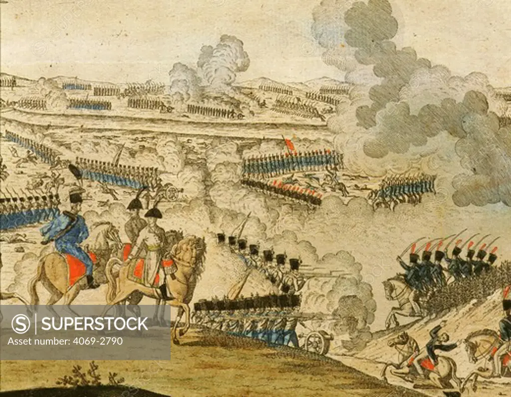 Battle between the French and the Austrians for control of Vienna, Austria in 1809. Coloured engraving