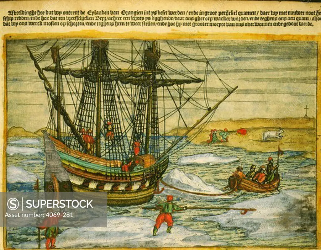 Willem Barents, 1550-97, Dutch navigator, narrative of last voyage, by Gerrit de Veer, 1598. Shows Barents' fleet navigating the icebergs