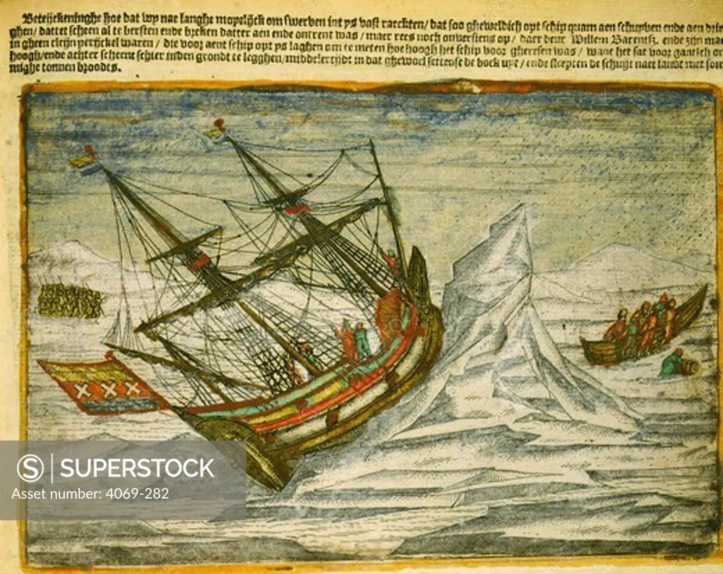 Willem Barents, 1550-97, Dutch navigator, narrative of last voyage, by Gerrit de Veer, 1598. Shows Barents' fleet stuck in ice