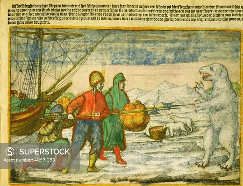 Willem Barents, 1550-97, Dutch navigator, narrative of last voyage, by Gerrit de Veer, 1598. Shows Barents' men defending themselves with harpoons against polar bears, while the ships are trapped in ice