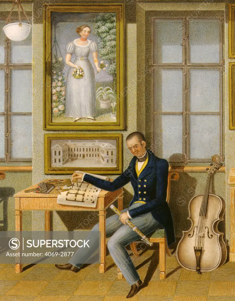 Joseph ZIEGLER 1774-1846 Austrian architect Self portrait with musical instruments 1831