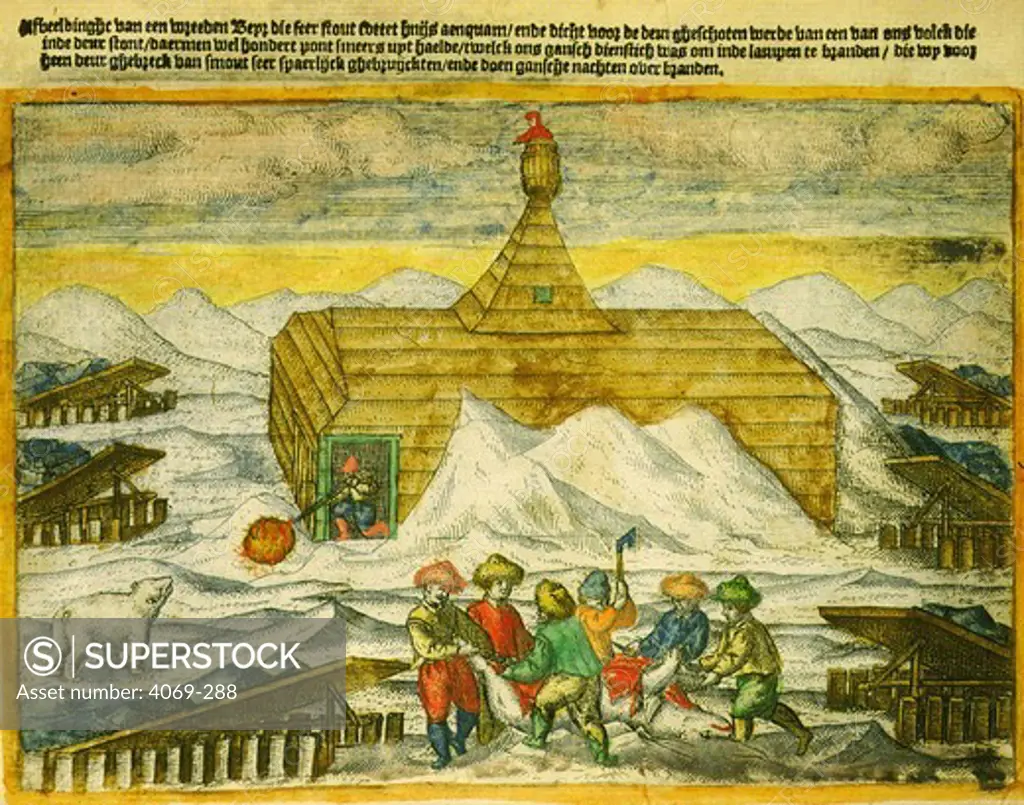 Willem Barents, 1550-97, Dutch navigator, narrative of last voyage, by Gerrit de Veer, 1598. Shows Barents' men shooting and butchering a polar bear outside the cabin built on the ice while the ships are trapped in Nova Zemlya