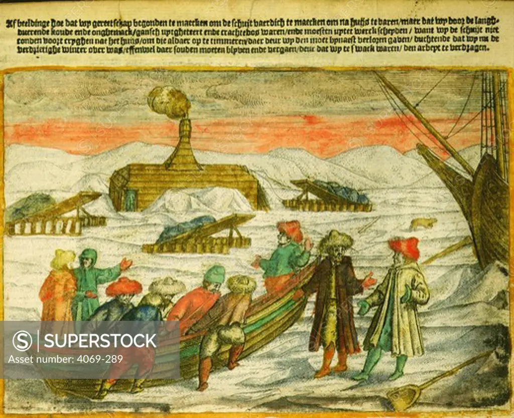 Willem Barents, 1550-97, Dutch navigator, narrative of last voyage, by Gerrit de Veer, 1598. Shows Barents' marooned sailors with a smaller boat