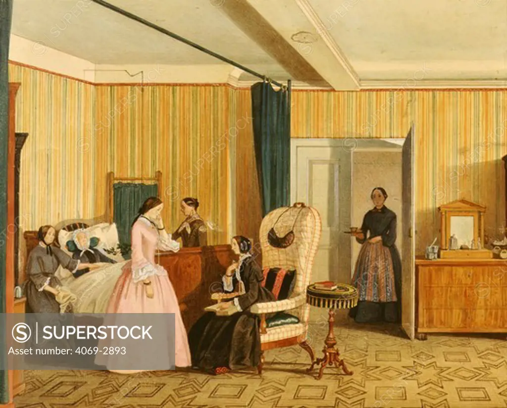 Interior of house in Biedermeier style with scene of sick old woman in bed with visitors, Vienna, Austria 19th century watercolour