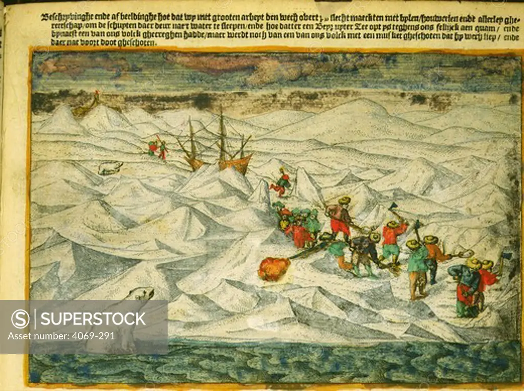 Willem Barents, 1550-97, Dutch navigator, narrative of last voyage, by Gerrit de Veer, 1598. Shows Barents' marooned sailors digging through the ice and shooting at a polar bear
