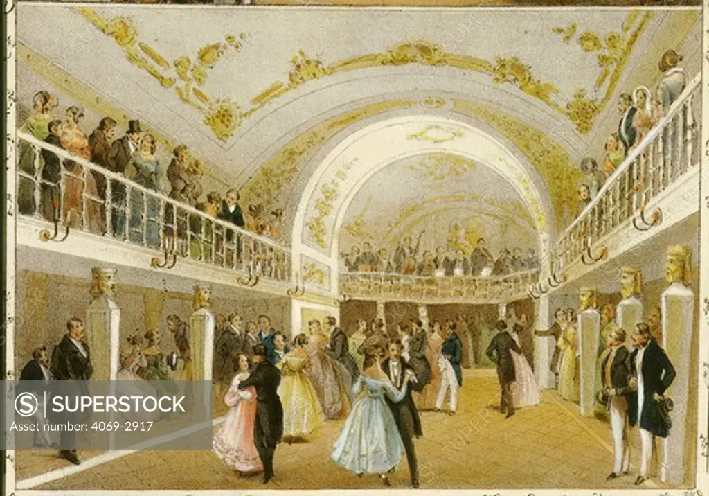 Ballroom at the famous Hotel Europa in Vienna, Austria with couples dancing