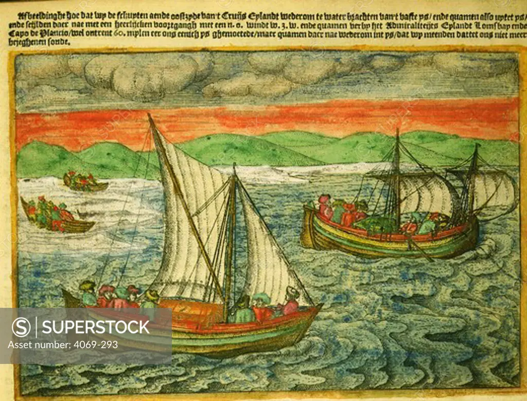 Willem Barents, 1550-97, Dutch navigator, narrative of last voyage, by Gerrit de Veer, 1598. Shows Barents' marooned sailors finally leaving land in 2 open boats. Barents died on board