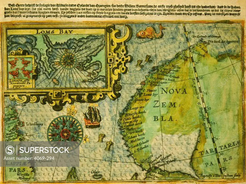 Willem Barents, 1550-97, Dutch navigator, narrative of last voyage, by Gerrit de Veer, 1598. Map showing Loms Bay and Nova Zembla
