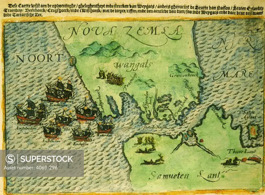Willem Barents, 1550-97, Dutch navigator, narrative of last voyage, by Gerrit de Veer, 1598. Map showing fleet disembarking at Nova Zembla