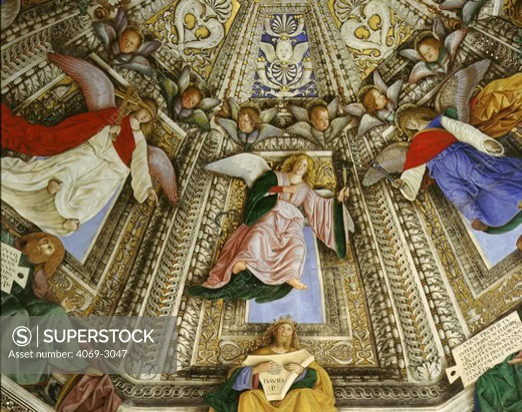 Detail of angels in the frescoed vault in the sacristy, Basilica della Santa Casa, Loreto, Italy
