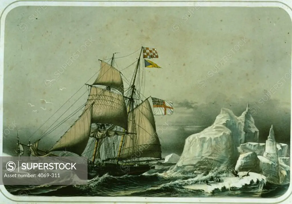 Schooner caught in the ice in Antarctic lithograph by LeBreton 19th century