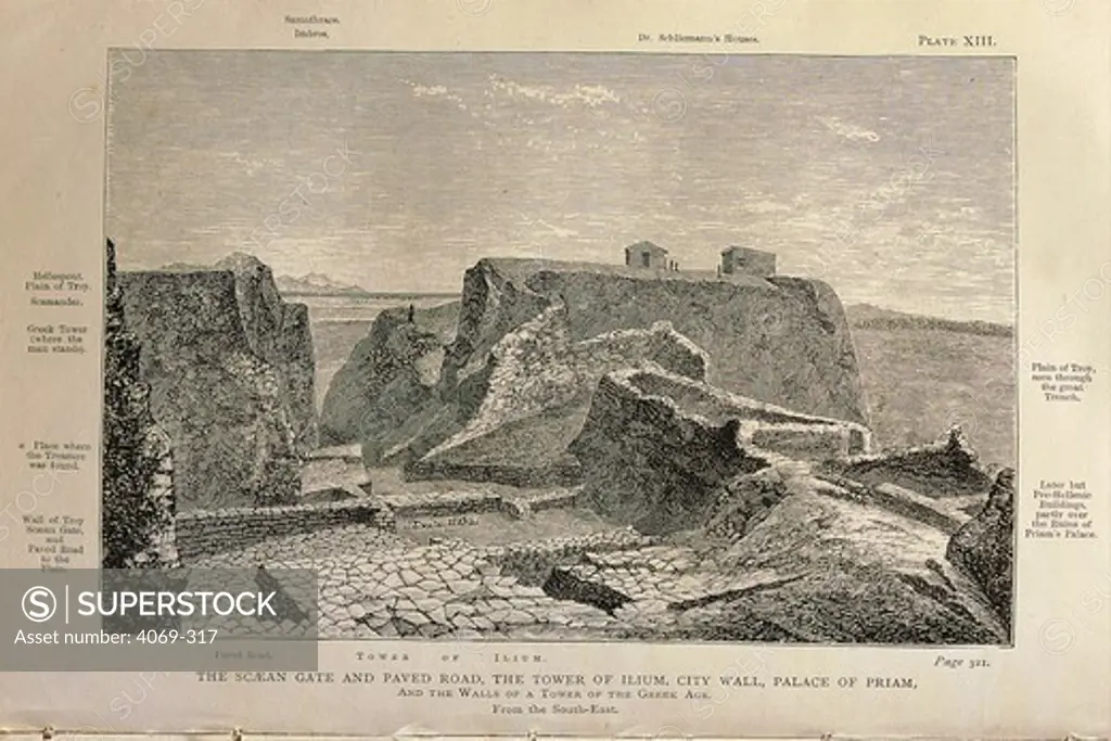 Scaean Wall, Tower of Ilium and Palace of Priam, last King of Troy, view from southeast, engraving from Troy And Its Remains, 1875, by Heinrich Schliemann, 1822-90, controversial German archaeologist who excavated the site of ancient Troy