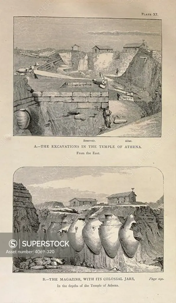 Excavations in Temple of Athena, and merchant cellar or magazine with colossal jars, engraving from Troy And Its Remains, 1875, by Heinrich Schliemann, 1822-90, controversial German archaeologist who excavated the site of ancient Troy
