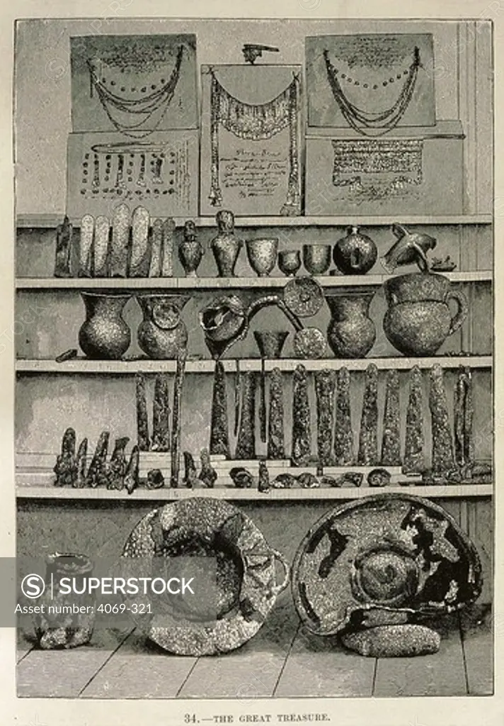 So-called treasure of King Priam, last King of Troy, described by Homer, engraving from Troy And Its Remains, 1875, by Heinrich Schliemann, 1822-90, controversial German archaeologist who excavated the site of ancient Troy