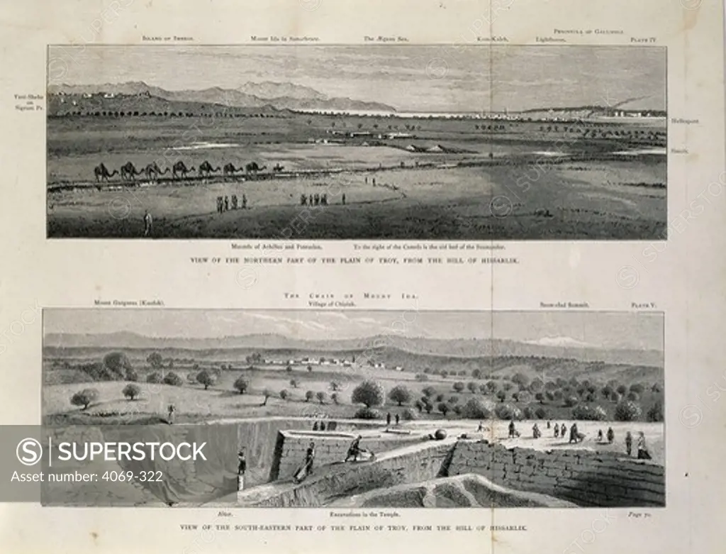 View of northern and southeastern plain of Troy from hills of Hissarlik with camel train, engraving from Troy And Its Remains, 1875, by Heinrich Schliemann, 1822-90, controversial German archaeologist who excavated the site of ancient Troy
