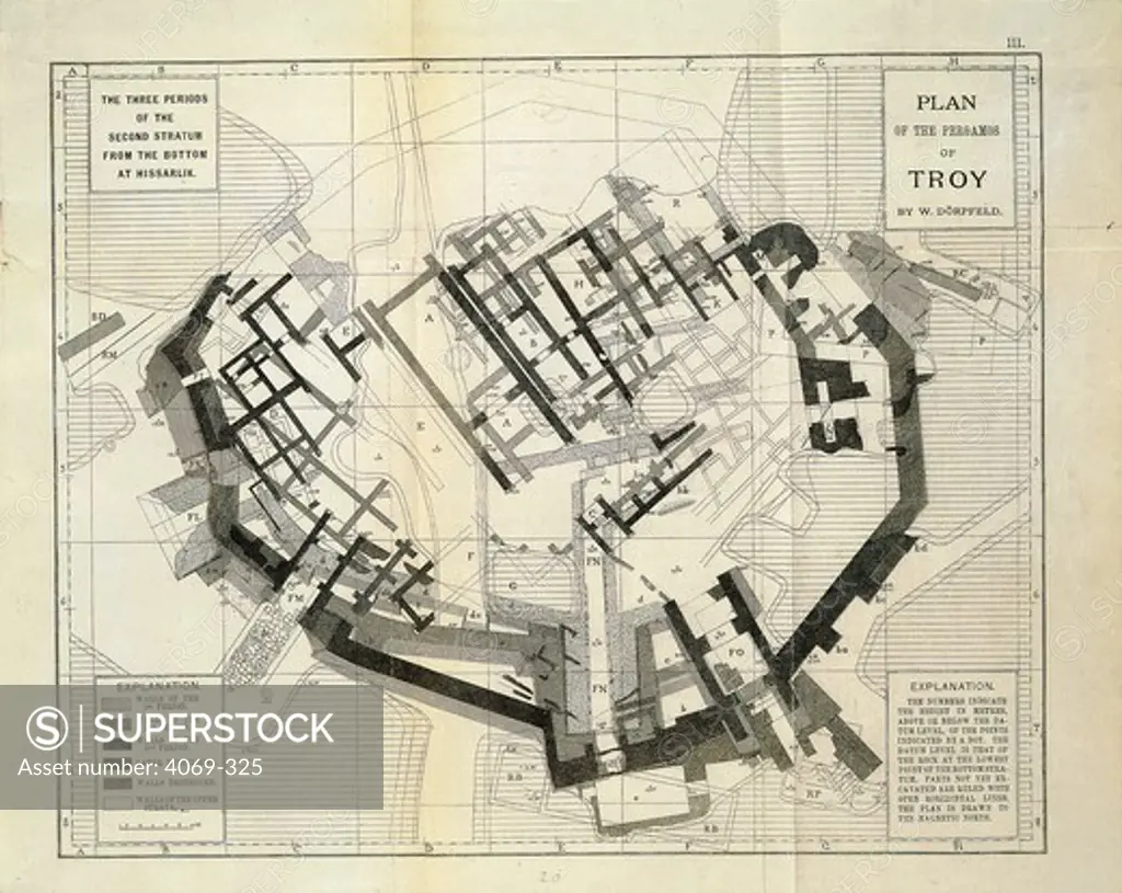Plan of Pergamos of Troy by W.Dorpfeld showing 3 periods of 2nd stratum, engraving from Schliemann's Excavations, An Archaeological and Historical Study, 1891, by Karl Schuchhardt