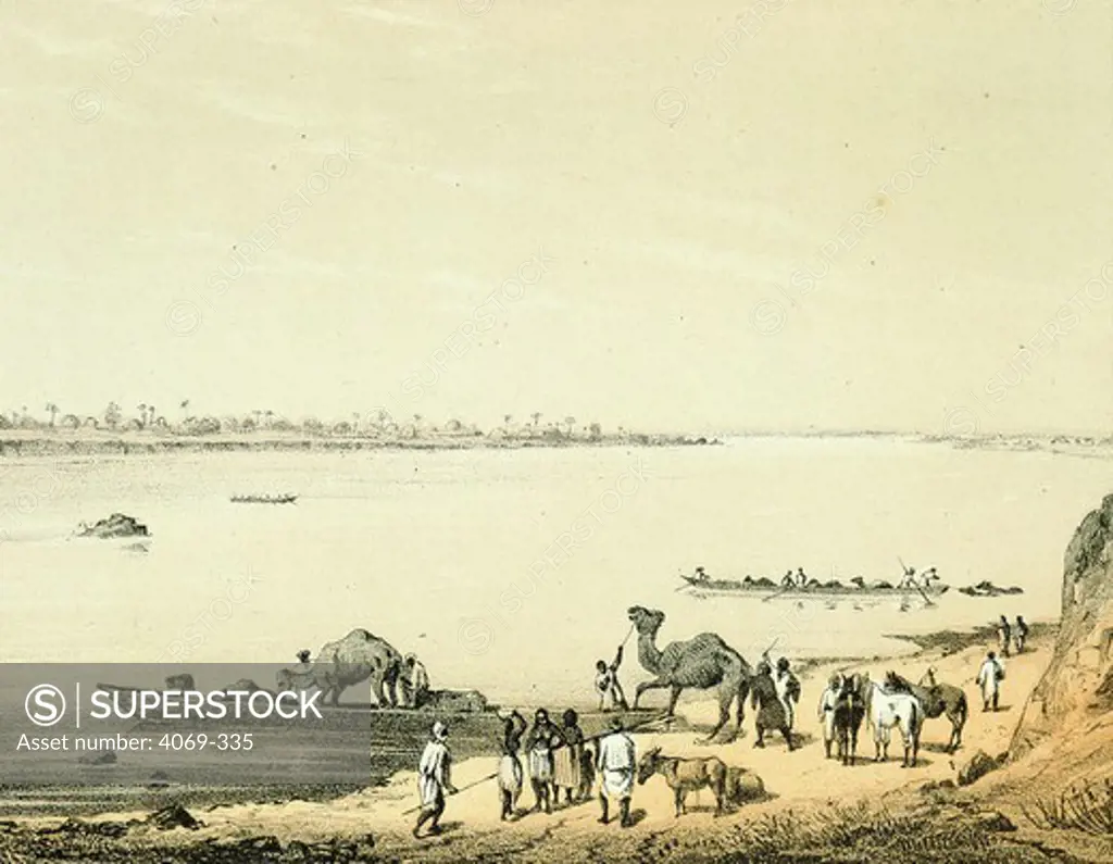 Transporting animals across river Niger West Africa 20.6.1853 from Travels and Discoveries in North and Central Africa 1849-55 by Heinrich Barth, 1821-65, German explorer