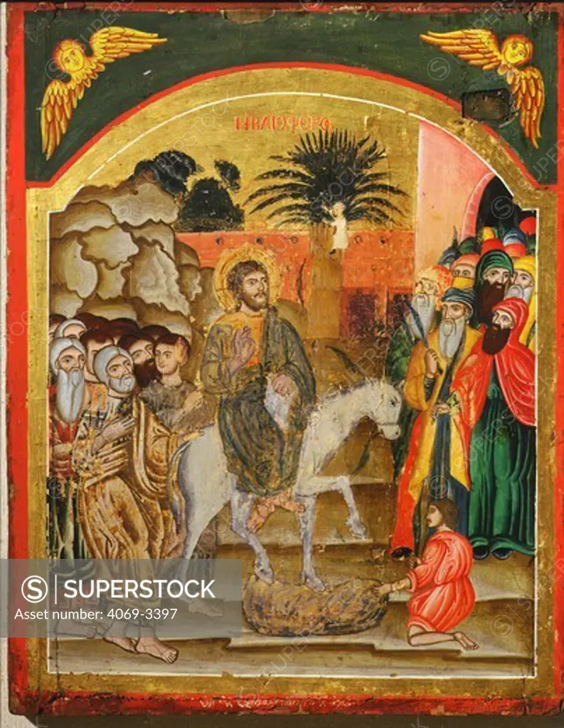 Jesus CHRIST entering Jerusalem, late 17th century Greek icon