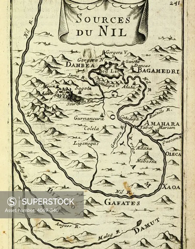 Map of source of Nile, Ethiopia, engraving from Description of Africa, 1653-65, for East India Company