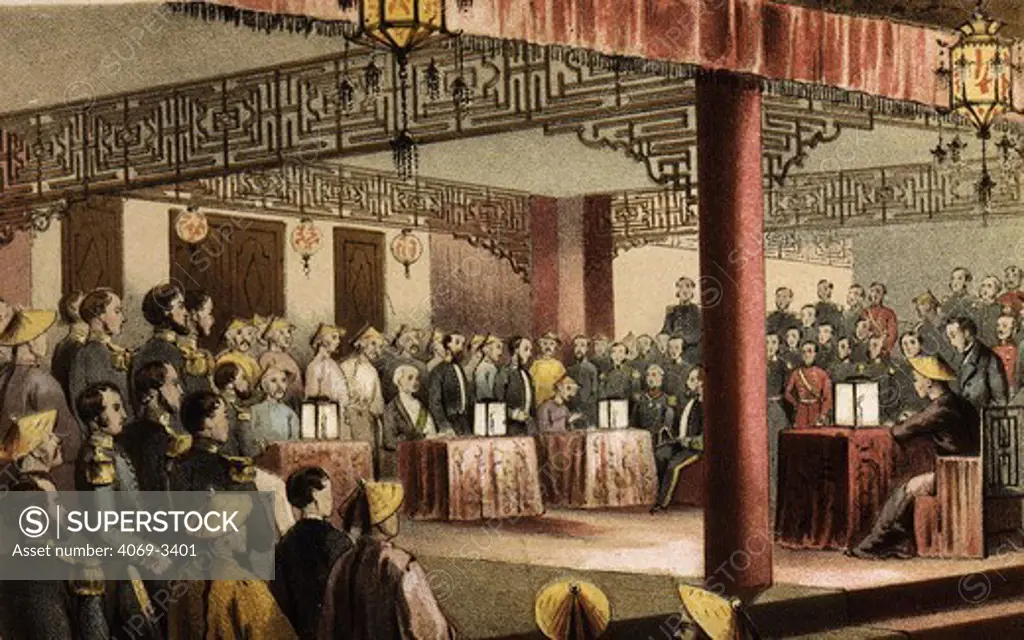 Signing Treaty of Tientsin with Lord Elgin 1858, from Narrative of Earl of Elgin mission to China and Japan, 1859, by Laurence Oliphant, 1829-88, English traveller and author