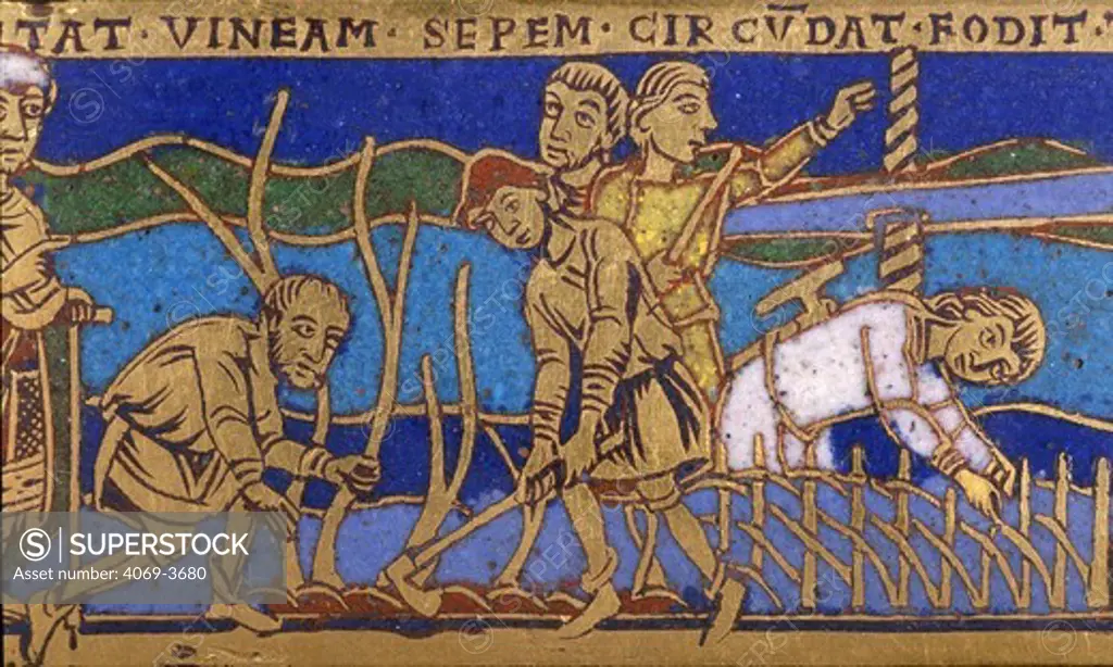 Cultivating the vines, from the parable of the Workers in the Vineyard, plaque in gold and champleve enamel, c. 1160 Mosan (art of the Meuse valley)