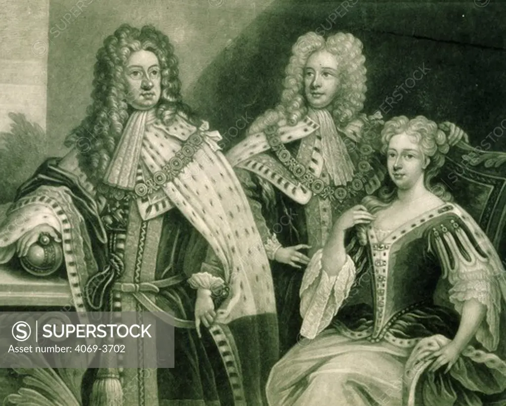 GEORGE I, 1660-1727 King of England, George II King of England and Queen Caroline, 18th century engraving