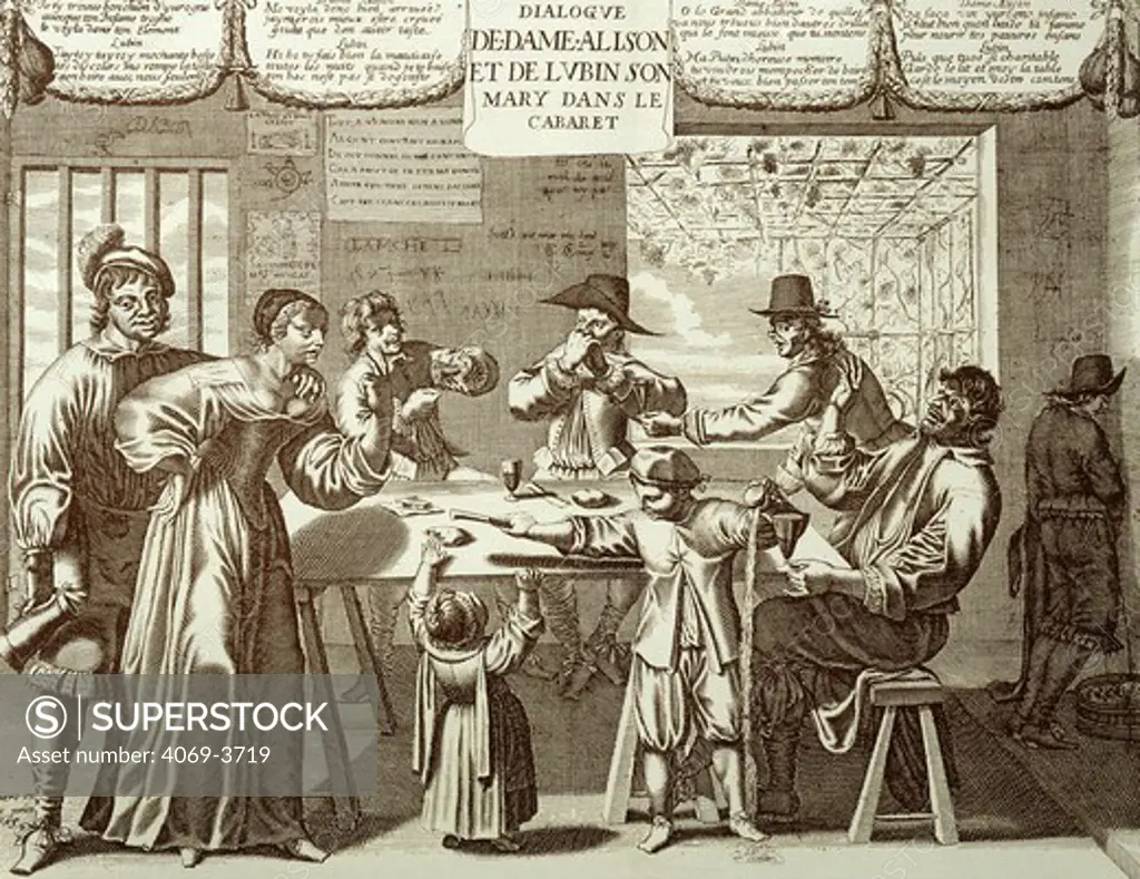 Madam Alison and her husband Lubin conversing in a tavern, 17th century engraving by Gagntiere