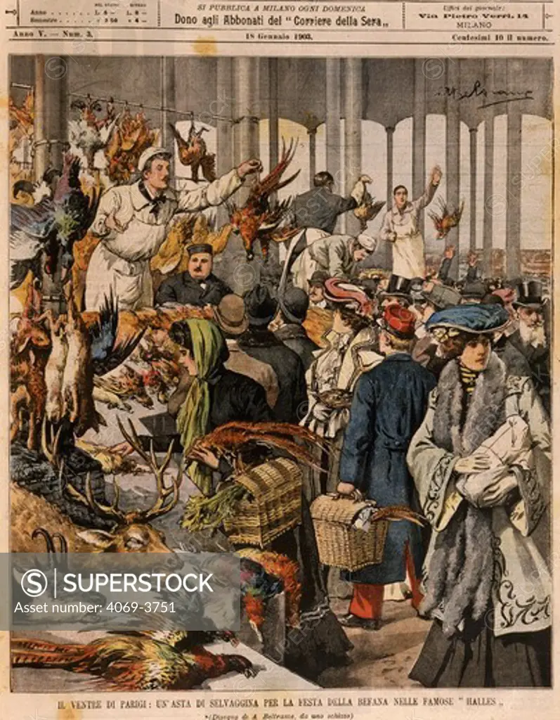 Selling game in the Halles market, Paris, France, on the feast of the Epiphany, published in the newspaper La Domenica del Corriere, 1903