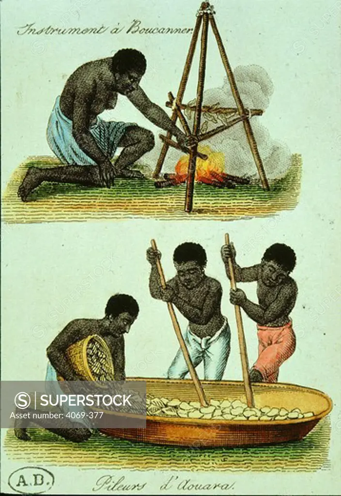 Tools for curing smoking and crushing at Aouara in French Guyana engraving 19th century
