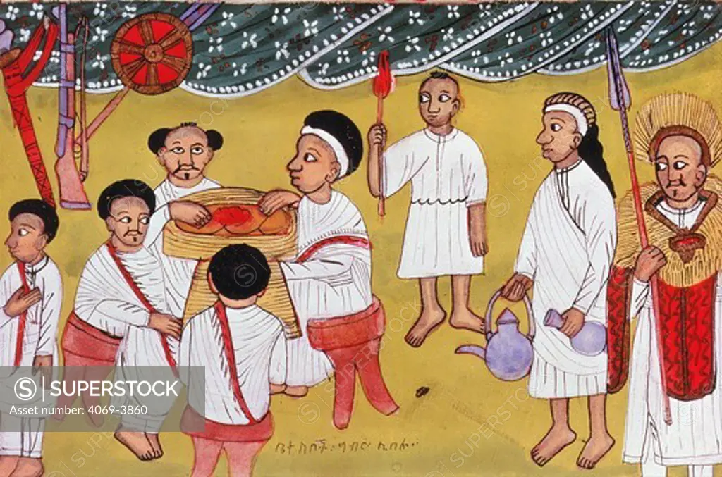Servants preparing food for banquet given by Solomon for the Queen of Sheba, 19th century Ethiopian