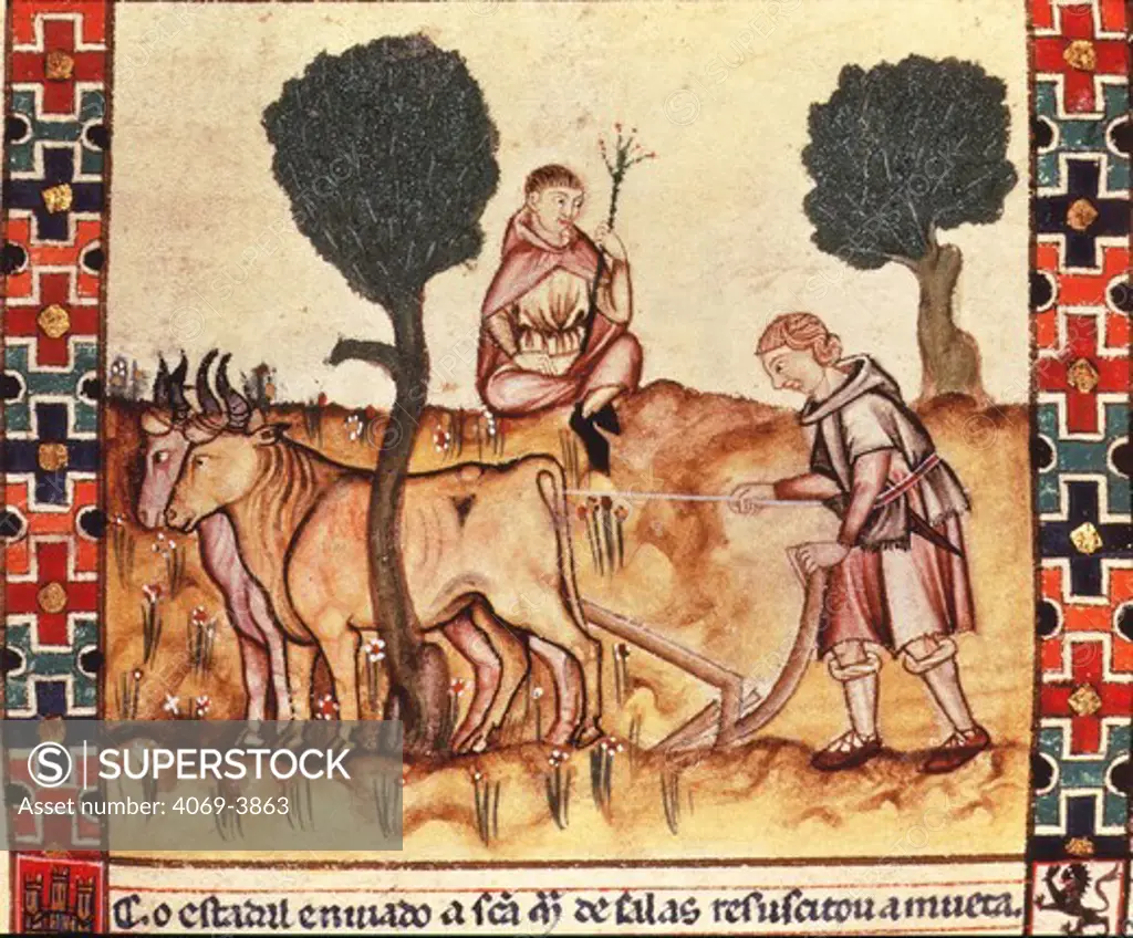 Labourer teaching his son ploughing, folio 237R of Canticles of Saint Mary, 13th century manuscript by Alfonso X the Wise, 1221-84 King of Castile and Leon