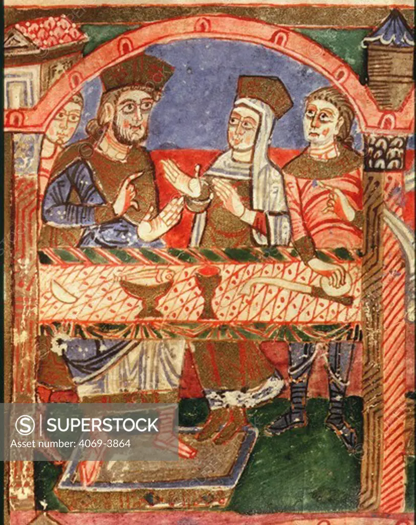 RADEGUND seated at Clothair's table, folio 24R of Life of Saint Radegund, 518-87 wife of Clothair (Chlotar), 500-61 Merovingian Frankish king, 10th - 11th century manuscript