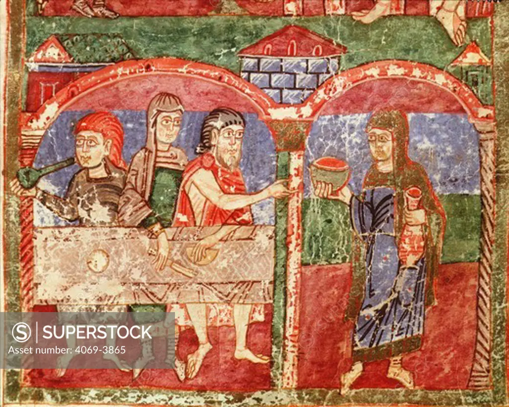 RADEGUND serving food to the poor, folio 29V of Life of Saint Radegund, 518-87 wife of Clothair (Chlotar), 500-61 Merovingian Frankish king, 10th-11th century manuscript