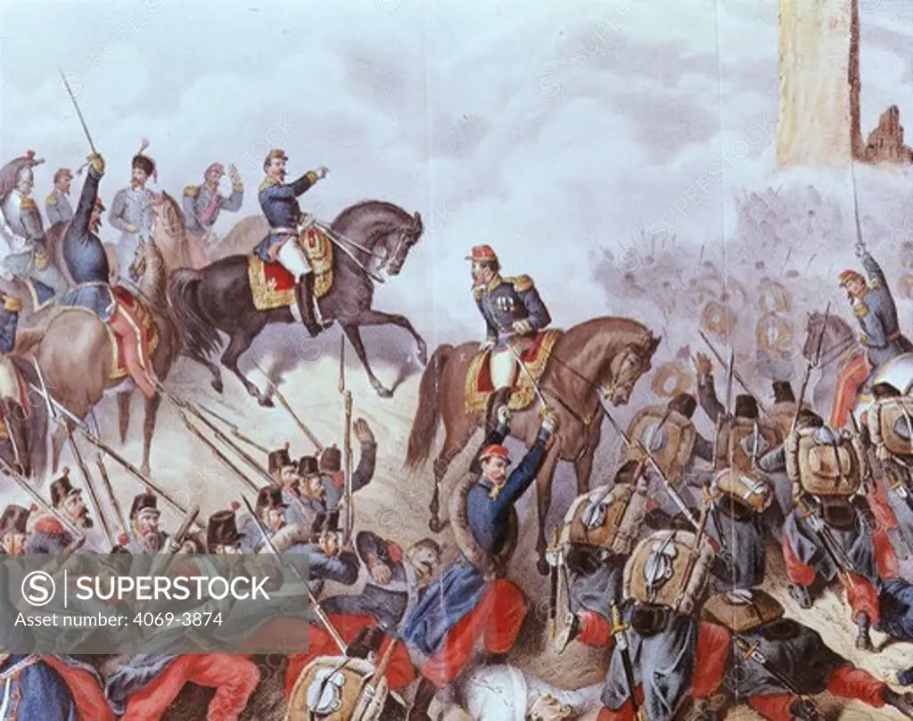 Piedmontese and French troops at Battle of San Martino,1859, 19th century engraving