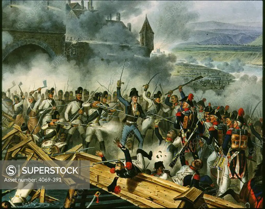 Battle between French and Austrians at Ebelsberg bridge near Vienna on May 3, 1809, prior to the battle of Aspern-Essling, engraving, 19th century