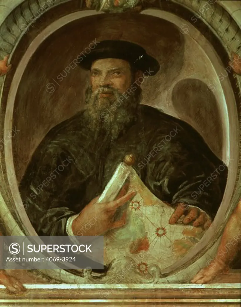 Ferdinand MAGELLAN, 1470-1521 Portuguese navigator who circumnavigated the globe, 1575 fresco by Antonio Giovanni de Varese