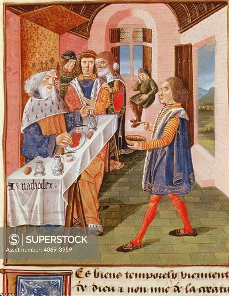 Meal served to a king, folio 32R of Le Livre des Bonnes Moeurs (Book of Good Manners), 15th century French manuscript by Jacques le Grant