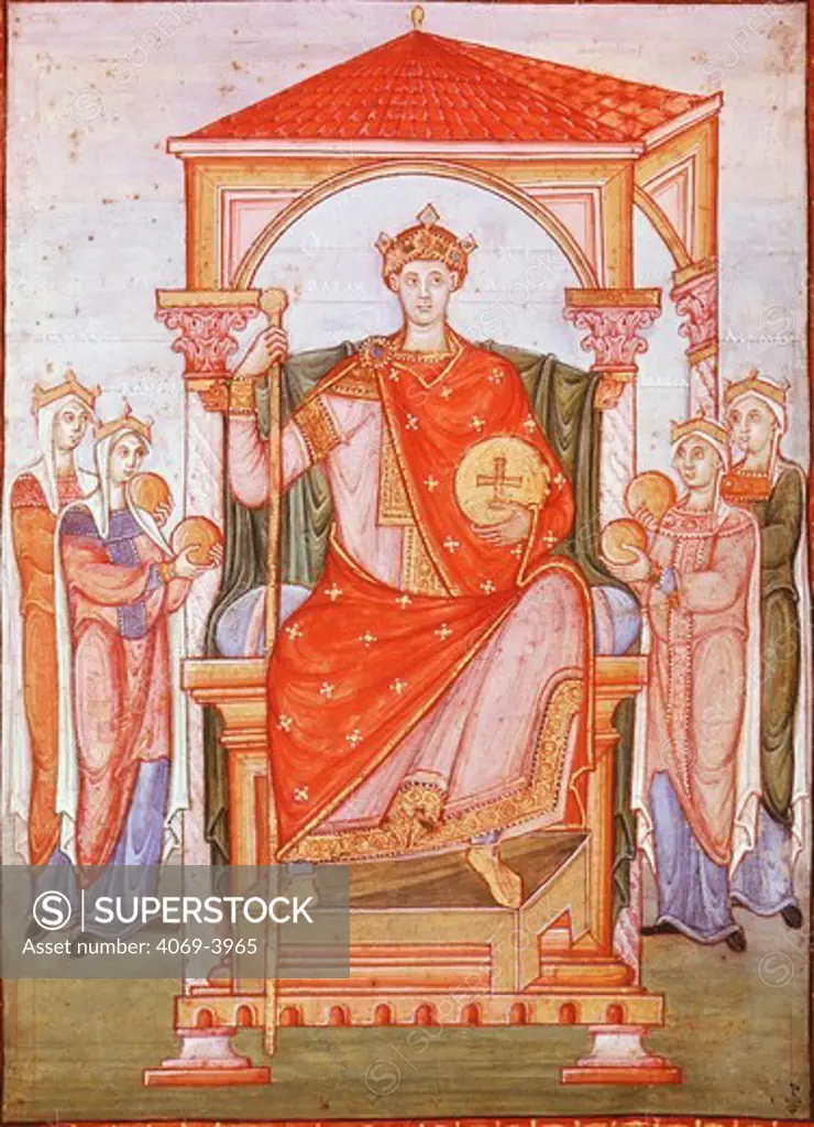 Holy Roman Emperor OTTO II 955-83 (ruled King of Germany, from 961, and Emperor from 967), receiving the homage of nations, from Gospels of Emperor Otto, 11th century German manuscript