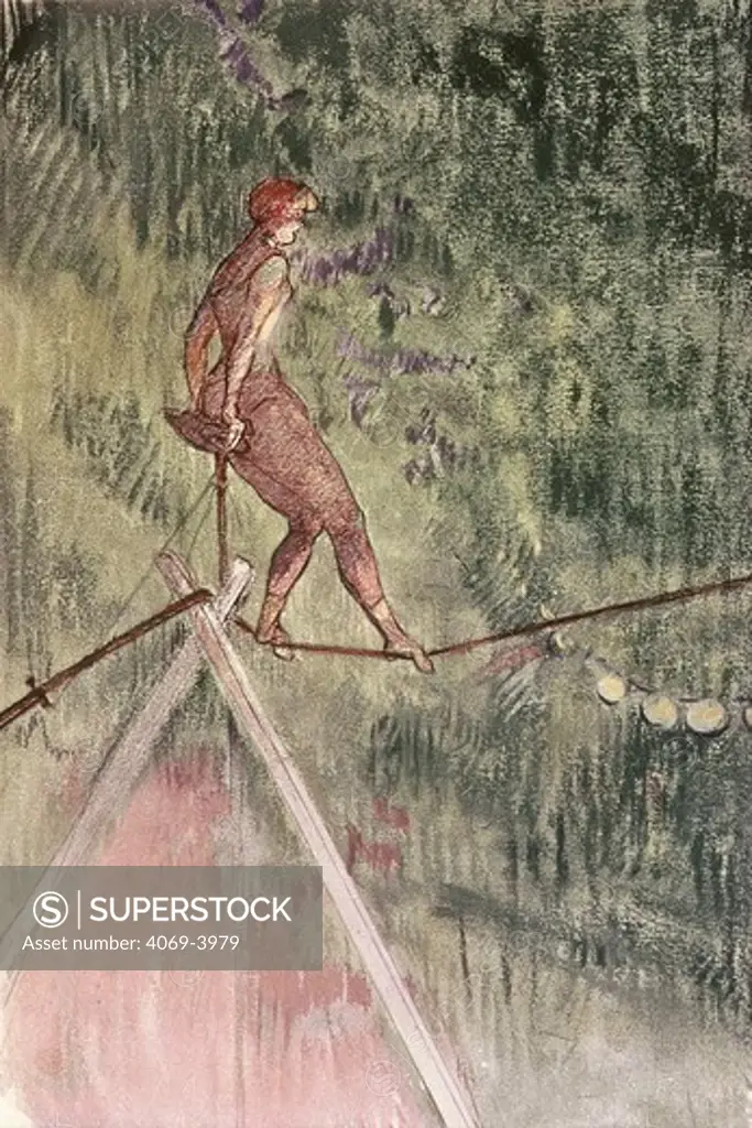 Tightrope walker, circus, drawing with coloured pencil