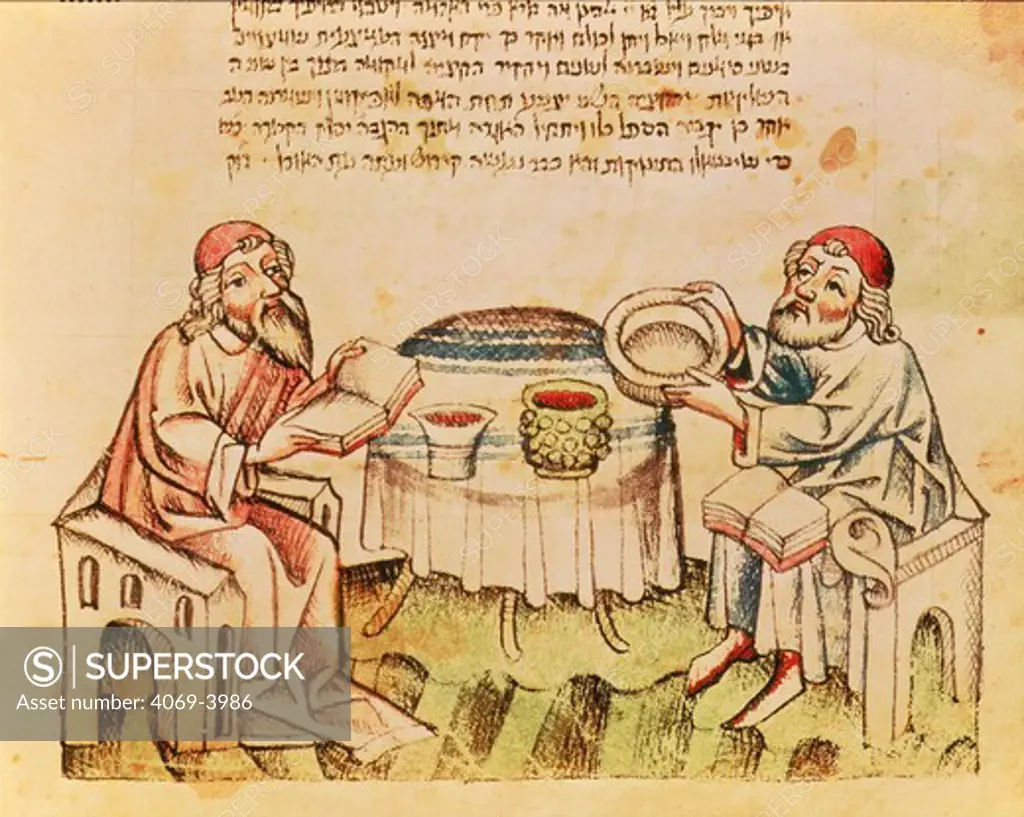 2 rabbis celebrating Passover with Seder ritual meal, from Agada Pascatis, 15th century Hebrew manuscript