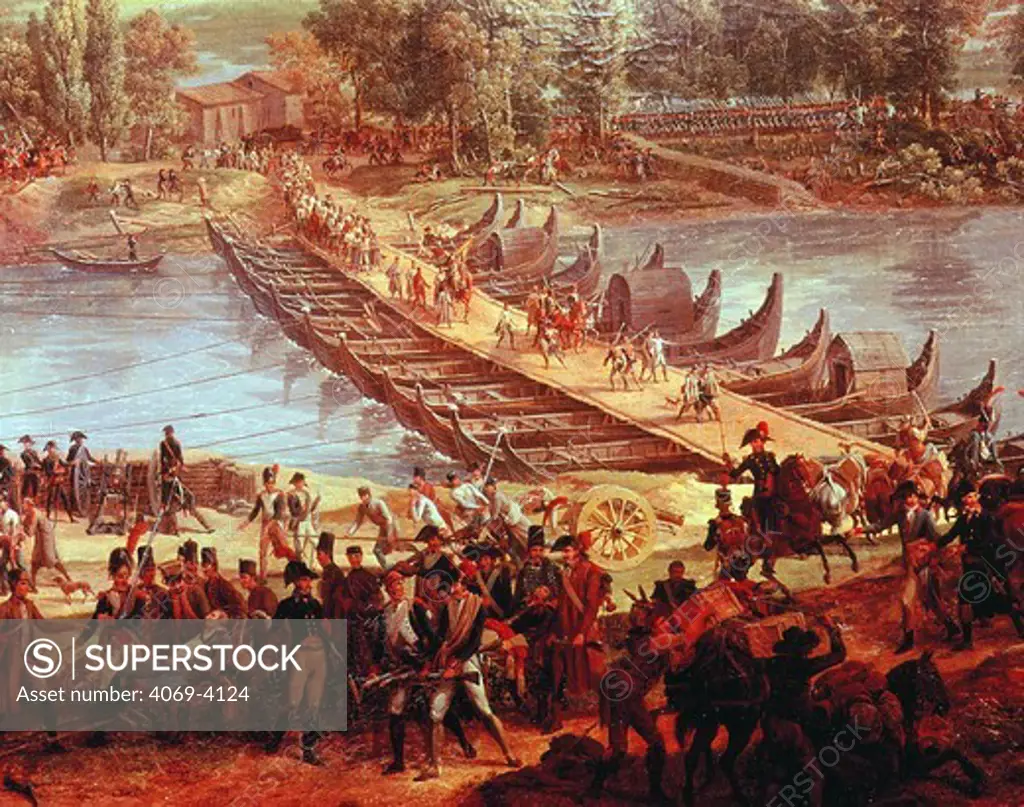 Crossing the bridge, from Battle of Arcola, 15-17 November 1796 (artist was eyewitness) (French troops under Augereau managing to cross river by trestle bridge