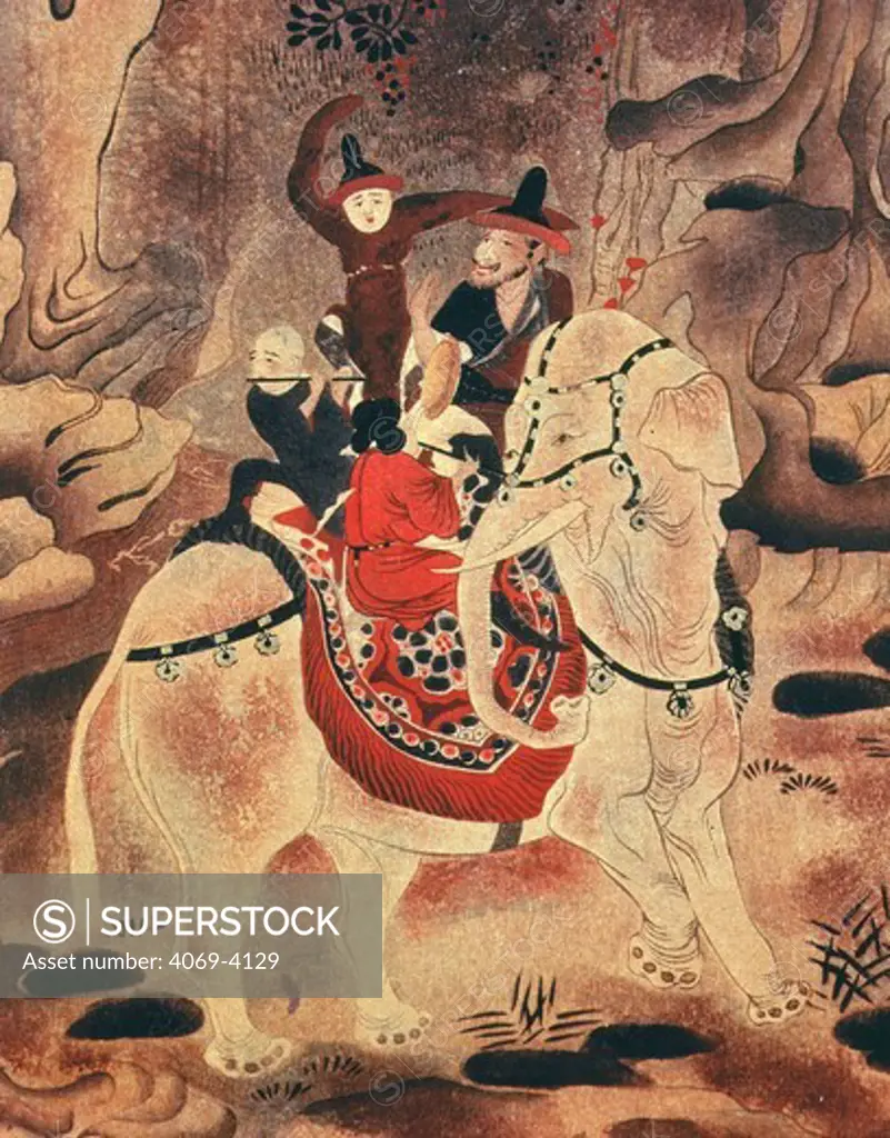 Musicians riding on elephant, Tang dynasty (618-906)