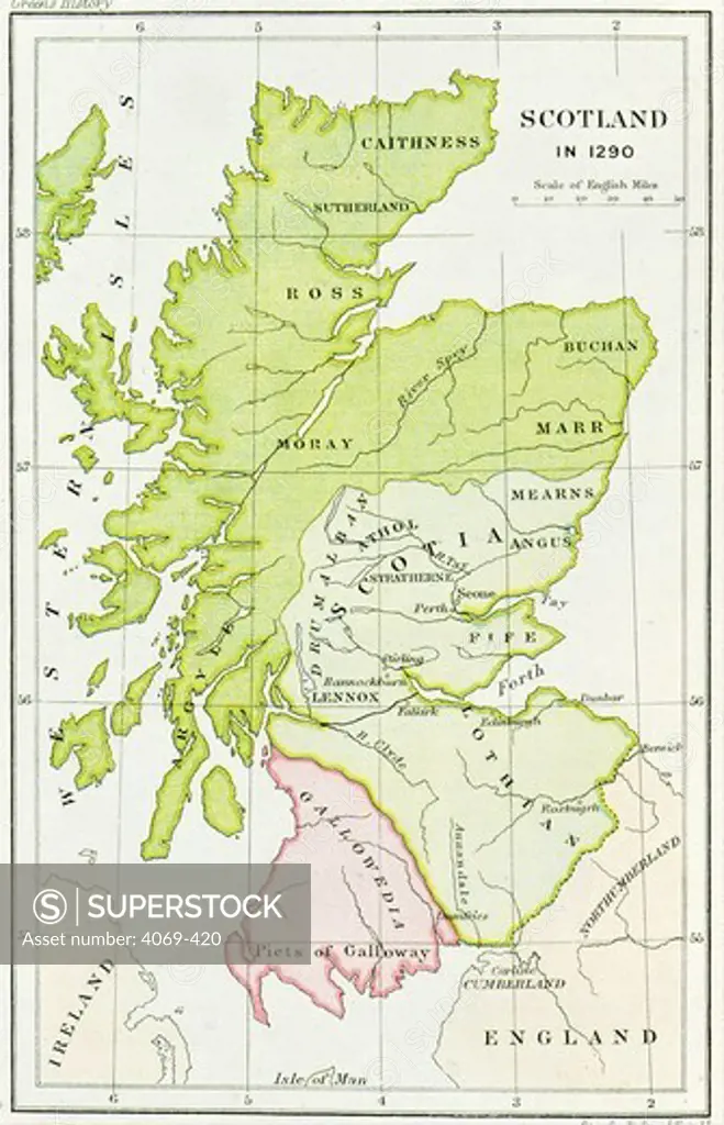 Map of Scotland in 1290, at the time of William Wallace, 1270-1305, leader of Scottish resistance forces against English rule