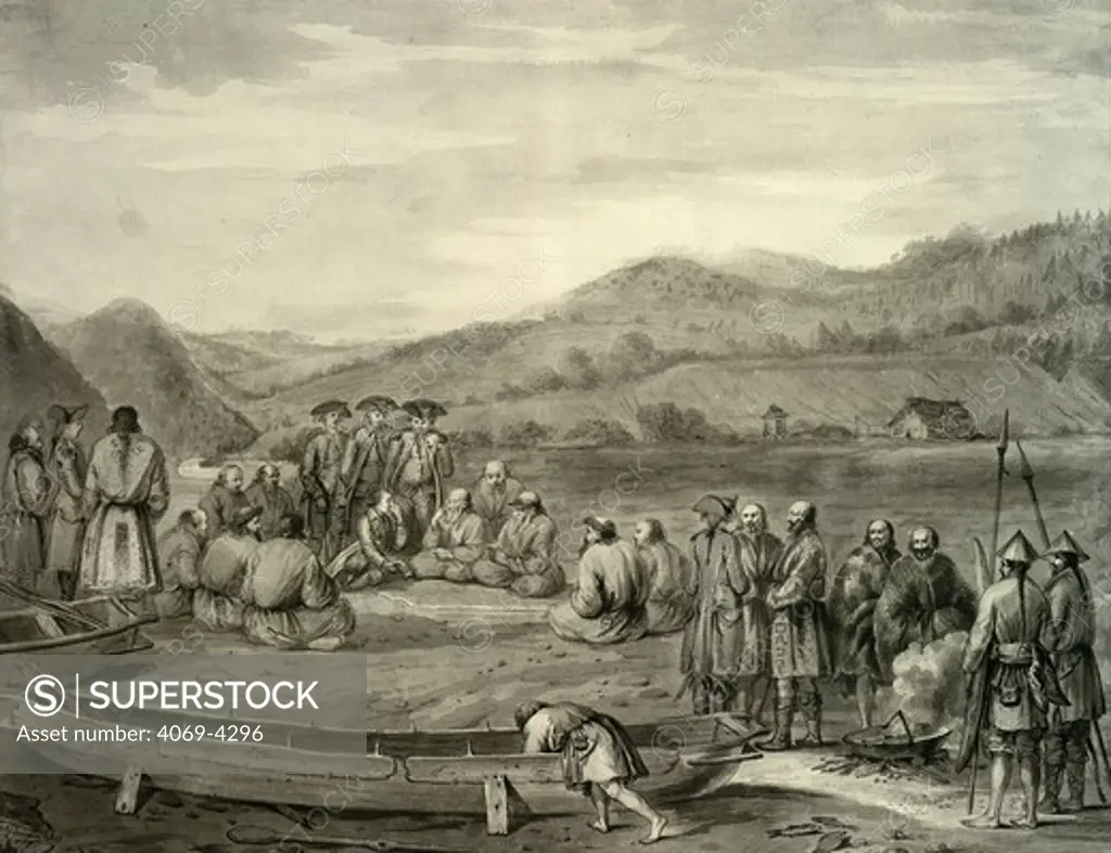Natives of Castries Bay, coast of oriental Tartary, China 1787 engraving by D. Vancy from Voyage de la Perouse 1785-88